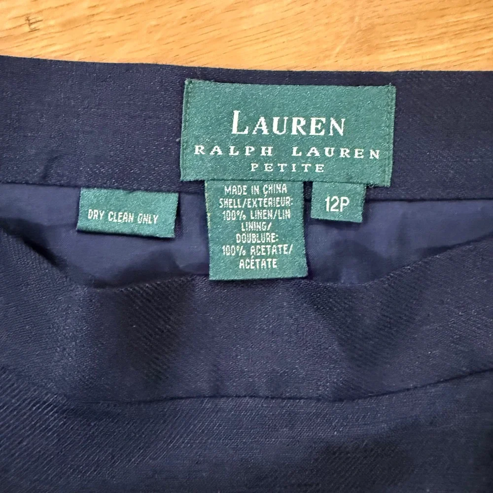 Lauren Ralph Lauren Skirt Suit Womens 12P Navy Blue Linen Double Breasted Blazer